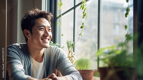  明るい窓辺で微笑む20～30代の日本人男性のポートレート photo