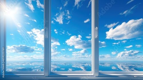 View of cloudy blue sky through floor-to-ceiling window background, Freedom and space concept