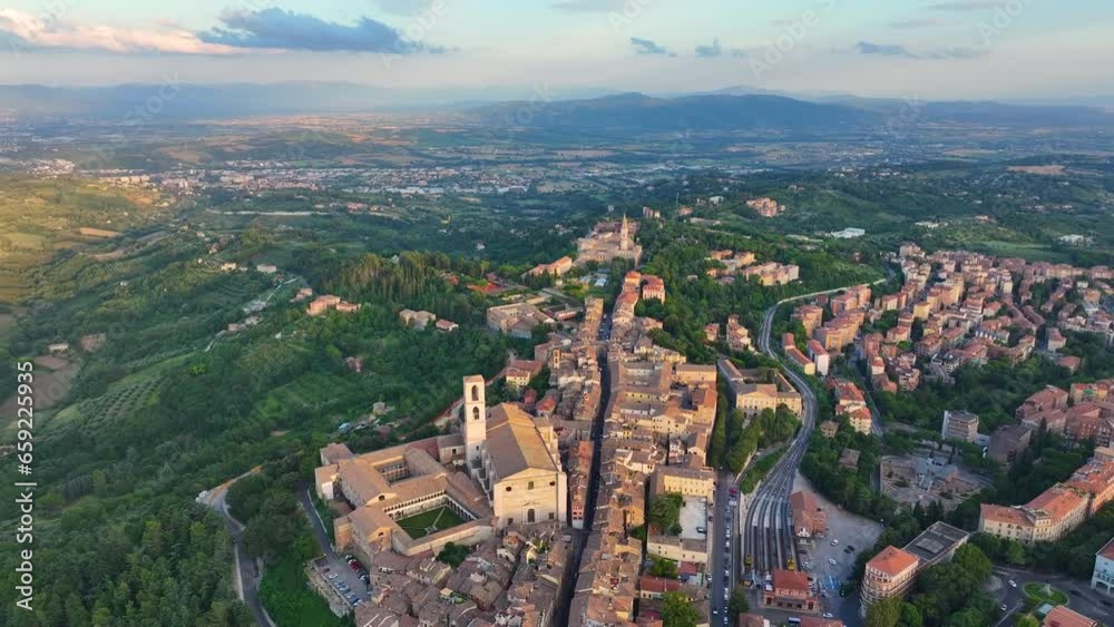 Elevated capture of Perugia at sunset, iconic Basilica di San Domenico, Umbria, Italy Elevated capture of Perugia at sunset, iconic Basilica di San Domenico, Umbria, Italy