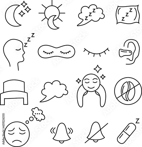 Sleeping editable icon set. Contains pillows, night bed and insomnia sleeplessness, Zzz snooze, sleeping mask, notification and human sleep. Prohibition pictograms in linear style. Vector graphics