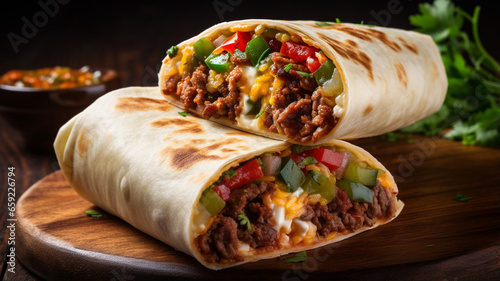 Traditional mexican burrito with beef and vegetables on wooden background generativa IA