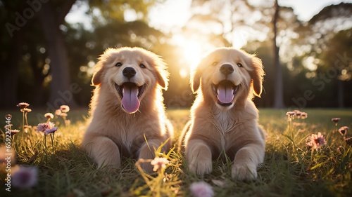 Two heartwarming Golden Retrievers. Fluffy and brightly colored, their mouths are wide open, tongues sticking out, and they are laughing playfully in a moment of joy Generative AI