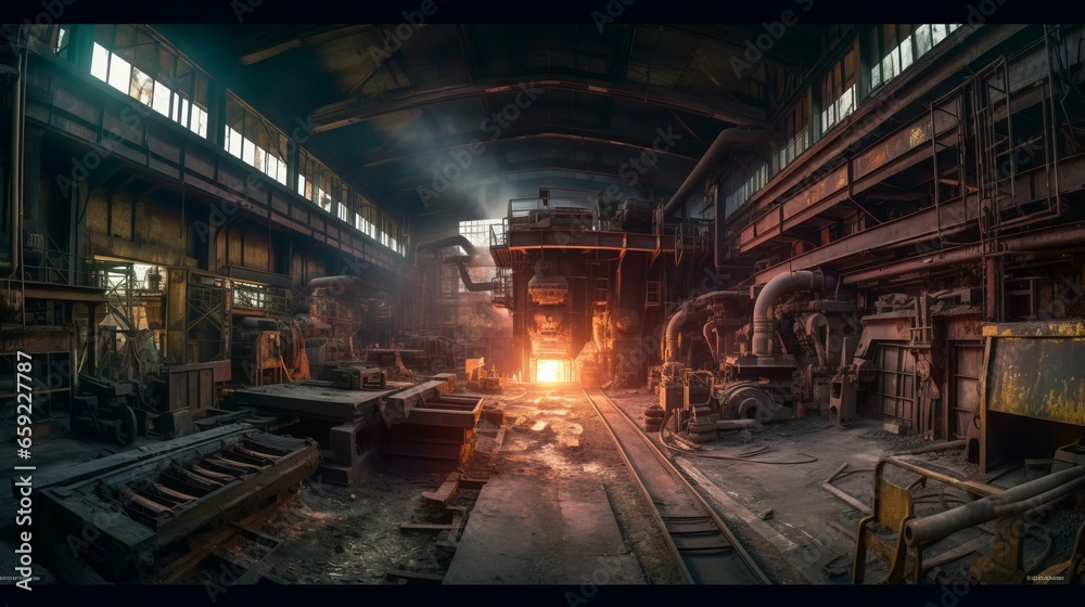 Obraz premium Forgotten Foundations: Tracing the Legacy of an Industrial City's Abandoned Metal Factories and Old Railway Stations, generative AI