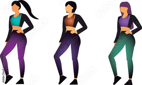 Woman in gym clothes, fitness in some sports clothes and hair models, vector