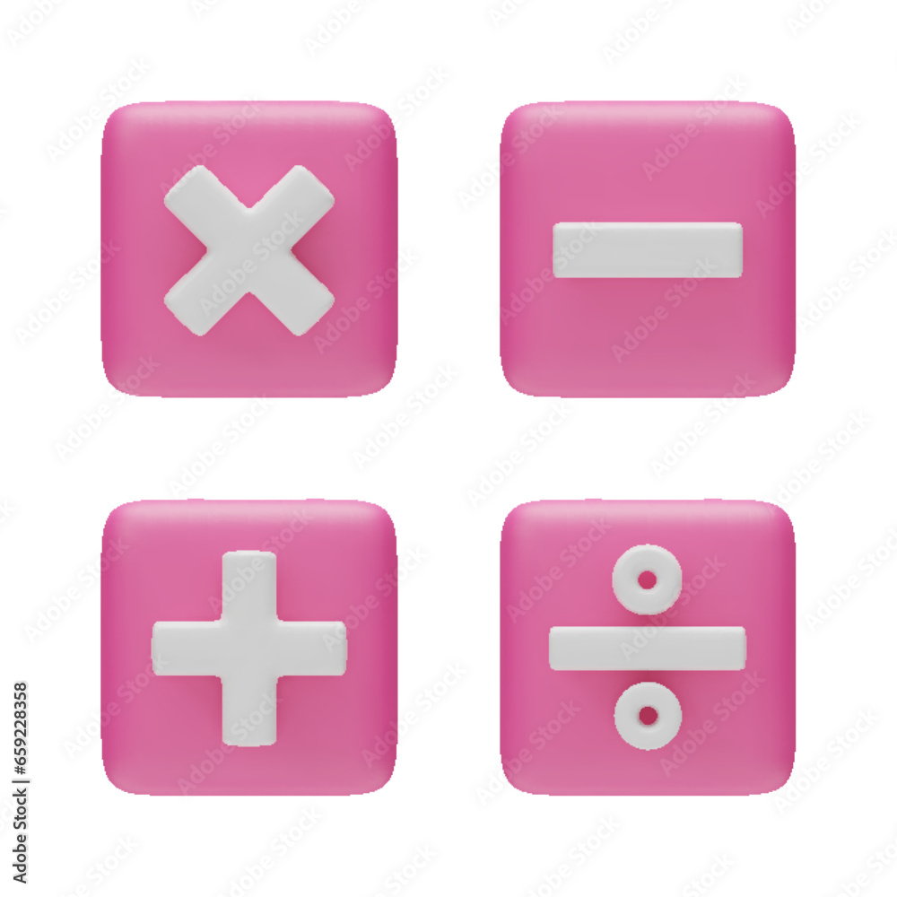 Plus, minus, multiplication and division 3d pink buttons set. Mathematical education symbols for web, app, infographic. Math operations realistic vector illustration isolated Plus, minus, multiplication and division 3d pink buttons set. Mathematical education symbols for web, app, infographic. Math operations realistic vector illustration isolated