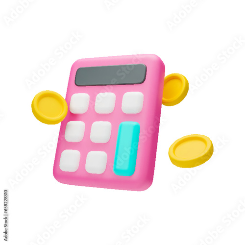 3d pink calculator and falling golden coins. Finance accounting, bookkeeping, budget, debit, credit calculations. Financial management, education realistic vector illustration isolated