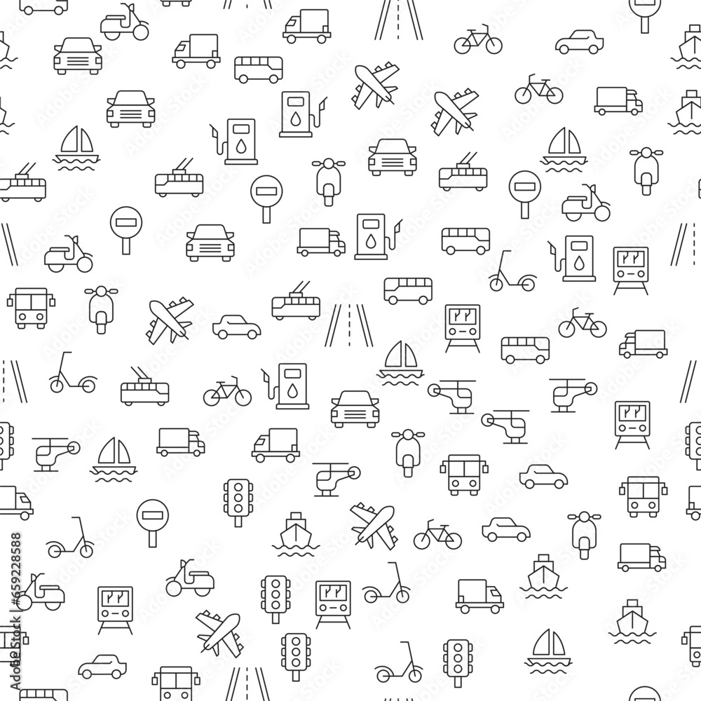 Bus, Plane, Car, Moped, Bicycle, Helicopter, Road Sign Seamless Pattern for printing, wrapping, design, sites, shops, apps