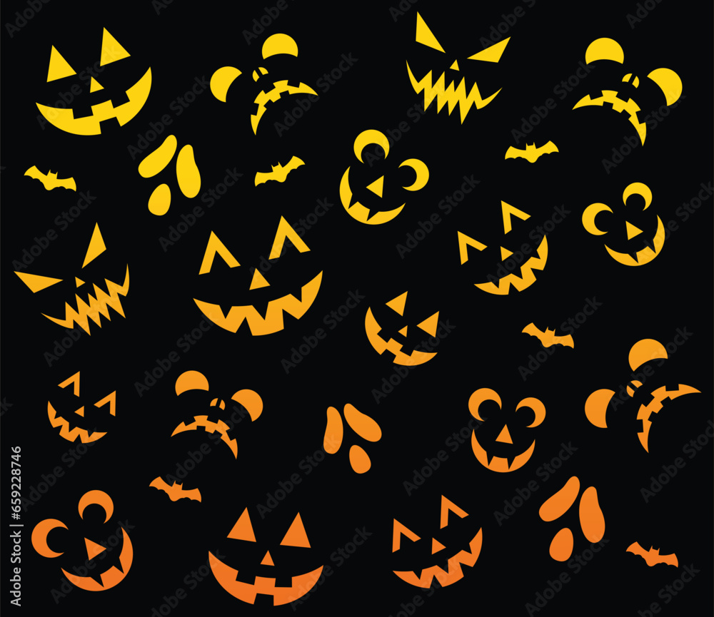 Jack o lantern faces Halloween background. Backlit pumpkin faces with drop shadow on a dark background.