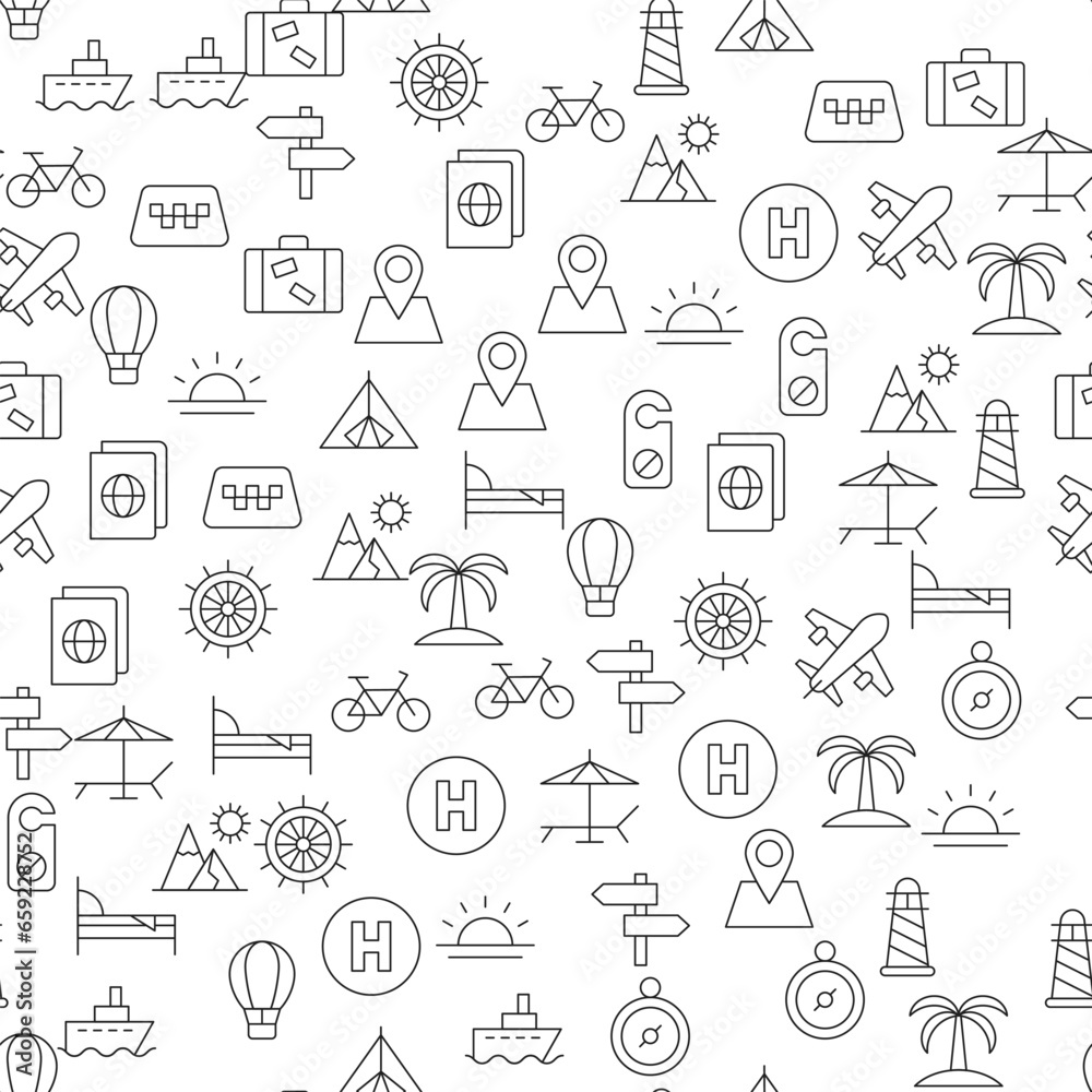 Map Pin, Palm, Bed, Balloon, Sign, Sun, Hotel Seamless Pattern for printing, wrapping, design, sites, shops, apps