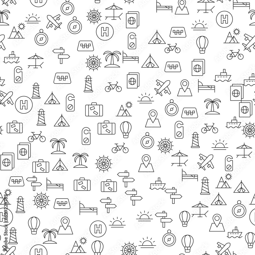 Palm, Bed, Balloon, Helm, Lighthouse, Suitcase, Plane, Bicycle, Compass Seamless Pattern for printing, wrapping, design, sites, shops, apps