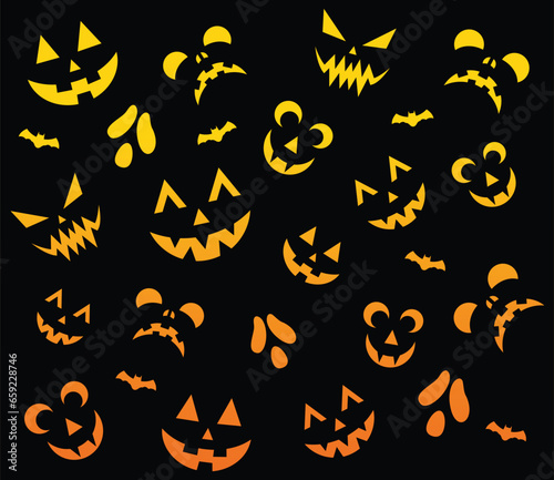 Jack o lantern faces Halloween background. Backlit pumpkin faces with drop shadow on a dark background.