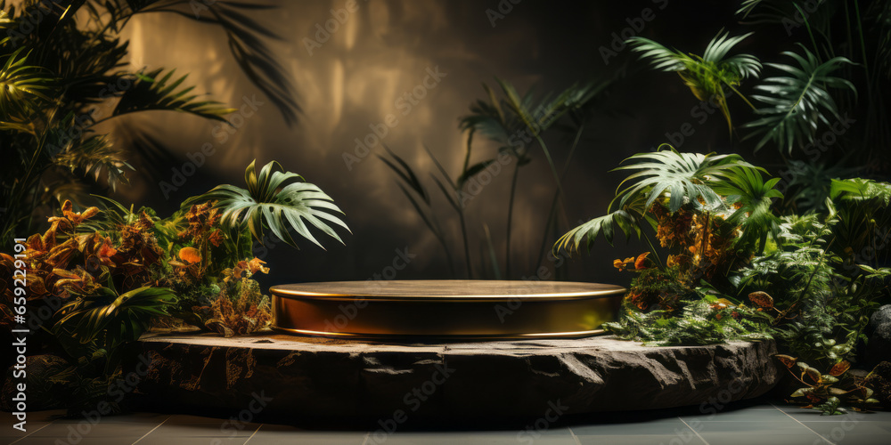 Stone podium with gold top in tropical forest for product presentation. Stone podium with gold top in tropical forest for product presentation.