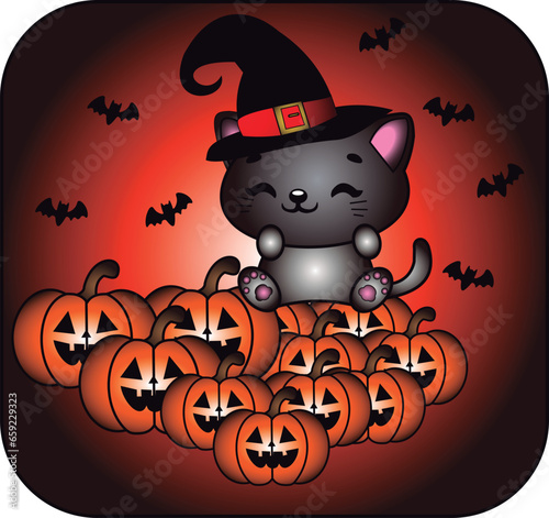 Vector of a beautiful gray black cat on an orange and black background with a witch's hat and bats around it