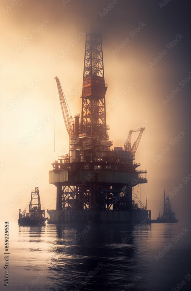 Embrace the industrial beauty of an oil rig with a crane at sunset, in the style of radiant sunrays casting a breathtaking silhouette Created with generative AI tools.