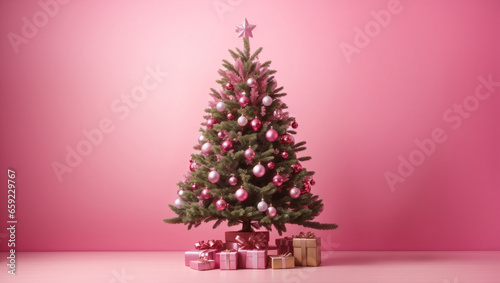 Christmas tree over pink background. Backdrop with copy space