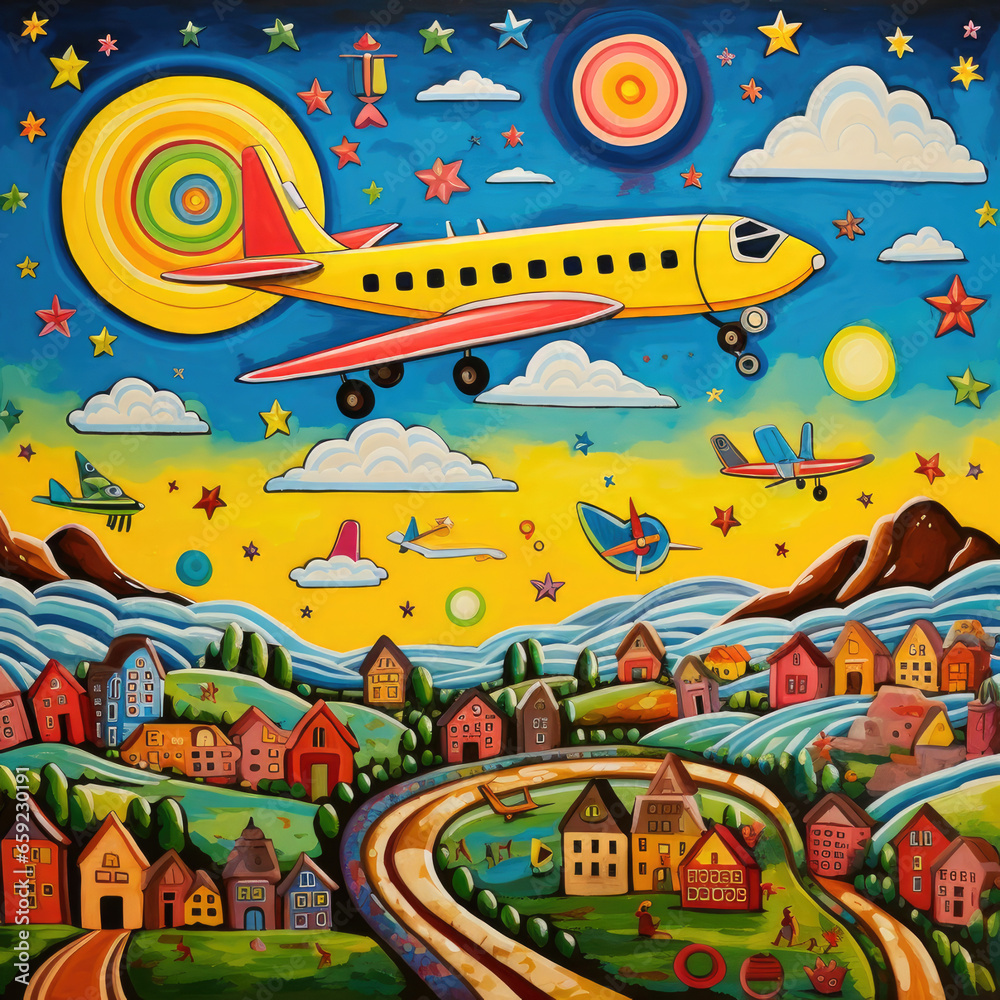Colorful illustration of  yellow airplane flying over the city