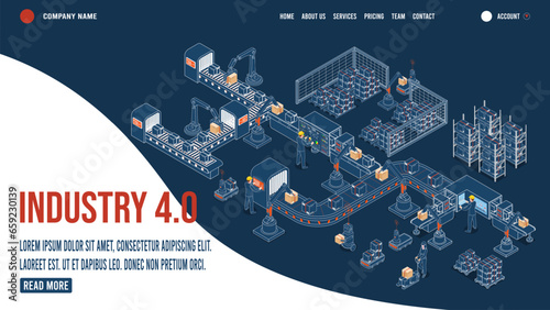 3D isometric Industry 4.0 Landing page template concept with Autonomous robot industrial technology and Artificial intelligence. The steps of the industrial revolution. Vector illustration eps10