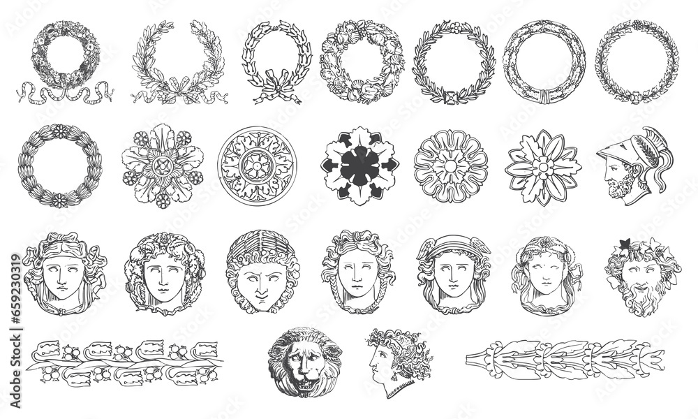 Roman empire icon bundle. floral decoration icons. roman empires statues - obrazy, fototapety, plakaty 