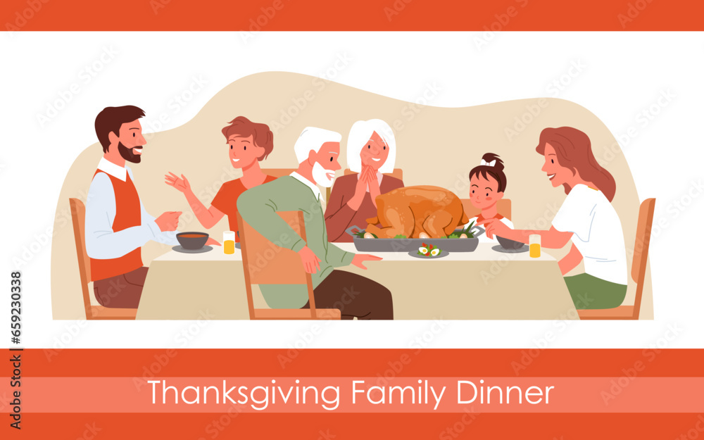 Thanksgiving family dinner banner design vector illustration. Cartoon happy mother and father, old grandparents and child eat delicious Thanksgiving food together, sitting at home table with feast Thanksgiving family dinner banner design vector illustration. Cartoon happy mother and father, old grandparents and child eat delicious Thanksgiving food together, sitting at home table with feast