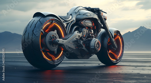 Black motorcycle realistic rendering anamorphic art photo