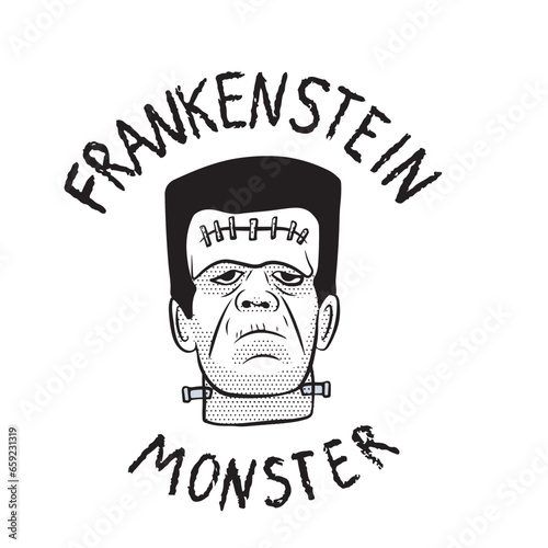 Frankenstein's Monster Cartoon. Frequent character at Halloween. Black and white halftone. Vector illustration isolated on transparent background.