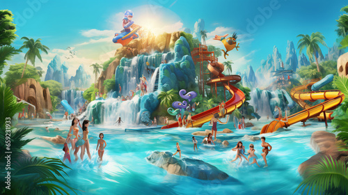 Joyful Exploits in Aquatic Fun A Jubilant Child Experiencing the Rush of a Water Slide Adventure