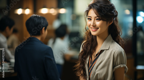 Office of a young professional woman with long wavy brown hair and a bright smile, conversing. Her bright eyes and genuine smile indicate positive interaction Generative AI 