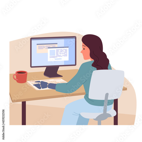 Employee with prosthetic arm sitting at computer vector illustration. Cartoon isolated scene from office workers workplace, woman with prosthesis sitting with back on chair at desk and working