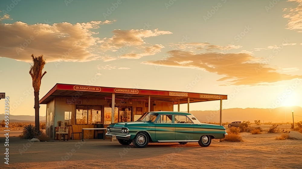 A vintage car at the petrol station in The desert, far from the city - obrazy, fototapety, plakaty 