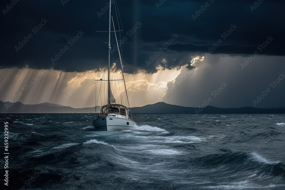 A stormy sea with a sailboat sinking in the waves, capturing the intense action and drama of the moment, emphasizing the roughness of the sea. Generative AI