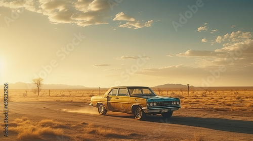 A vintage car at Country road in The desert, far from the city © Sasint