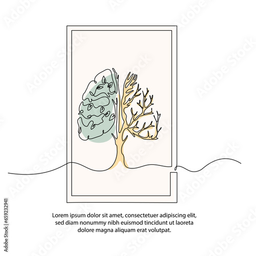 One line lung tree poster drawing with a beautiful frame. Abstract minimal continuous line wall decor.