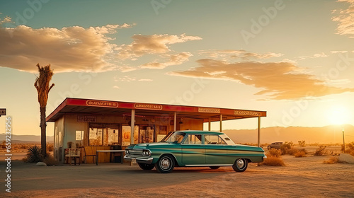A vintage car at the petrol station in The desert, far from the city photo