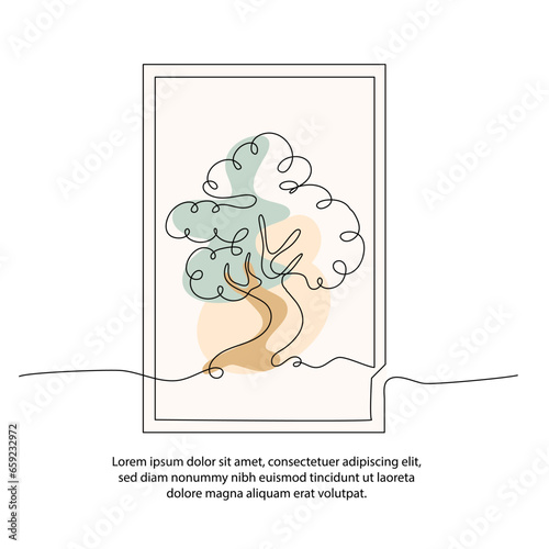 One line bonsai poster drawing with a beautiful frame. Abstract minimal continuous line wall decor.