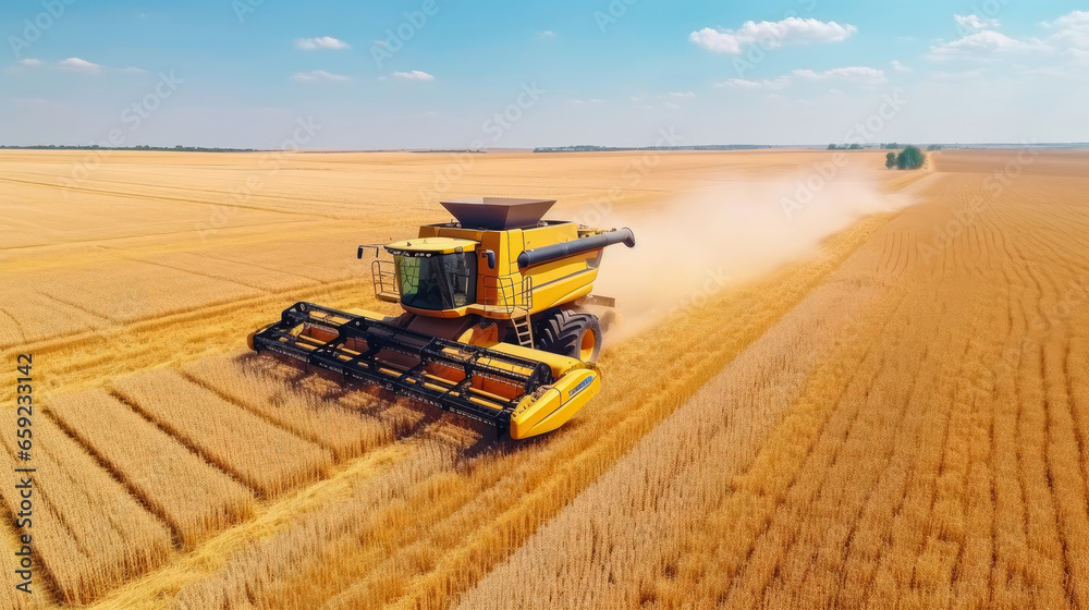 Aerial drone top view Big powerful industrial combine harvester machine reaping golden ripe wheat cereal field on bright summer or autumn day. Agricultural yellow field machinery landscape background. Aerial drone top view Big powerful industrial combine harvester machine reaping golden ripe wheat cereal field on bright summer or autumn day. Agricultural yellow field machinery landscape background.