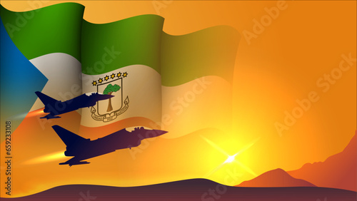 fighter jet plane with equatorial guinea waving flag background design with sunset view suitable for national equatorial guinea air forces day event