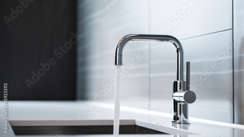 Close up of a kitchen faucet with running water. Modern kitchen interior design concept.