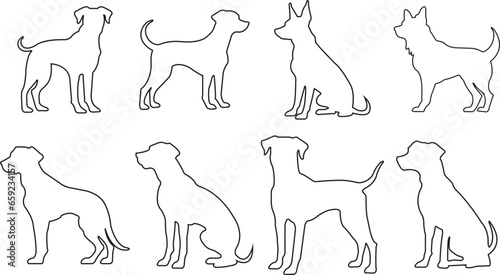 set of line Dog Silhouettes. No open shape or path. Dogs breeds, veterinary, dog standing, pet sitting logo inspiration. Dog show, competition, pet store, guide dog isolated on transparent background.