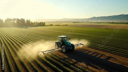 Aerial view of a tractor spraying agricultural fields. spraying herbicides on the field