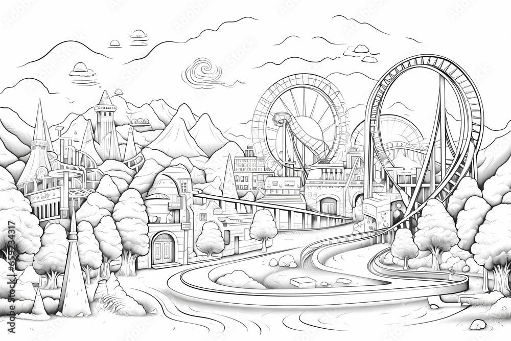 amusement-park-line-art-illustration-coloring-book-illustration-stock