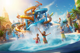 Joyful Exploits in Aquatic Fun  A Jubilant Child Experiencing the Rush of a Water Slide Adventure