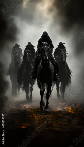 4 horsemen of the apocalypse - vertical shot - Armageddon - end of world - black and white shot - blurred figures - low angle shot