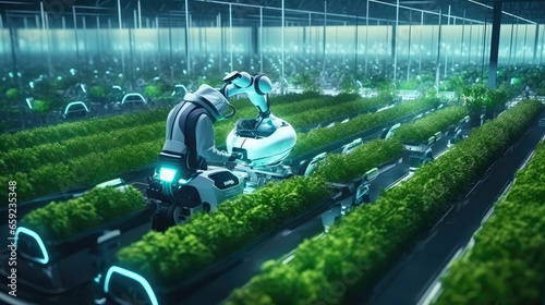 Agriculture robotic working in smart farm, Future technology with smart agriculture farming concept