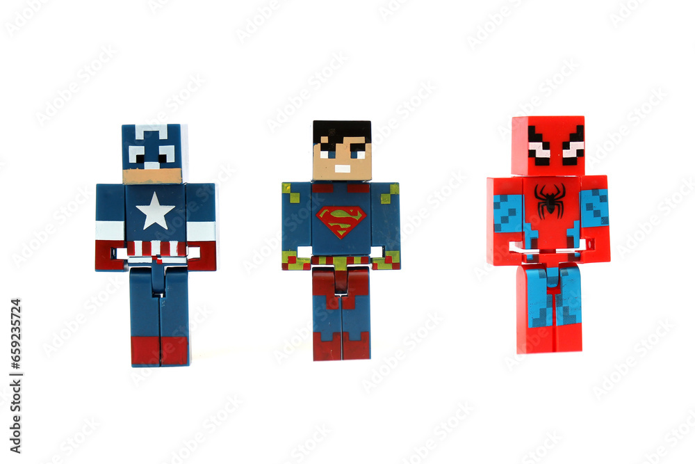 Fototapeta premium Minecraft Characters: Captain America, Superman and Spider-Man. Assemble toy.