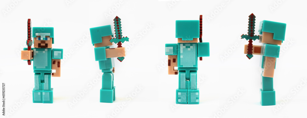 Fototapeta premium Minecraft character. Photographer riding toy in four angles: front, back, right side and left side.