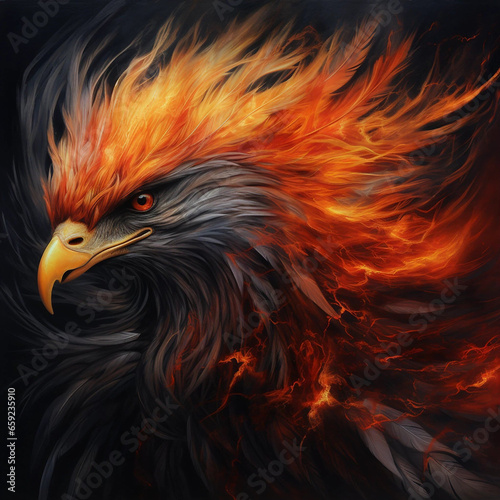 A Portrait of a Fiery Phoenix on a Black Background © Adam
