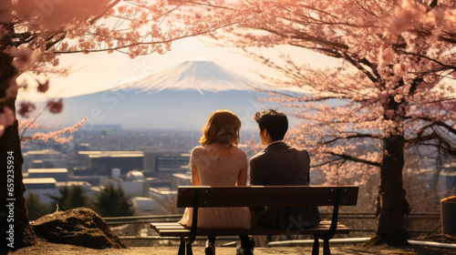 romantic couple is relaxing together at mount Fuji area.