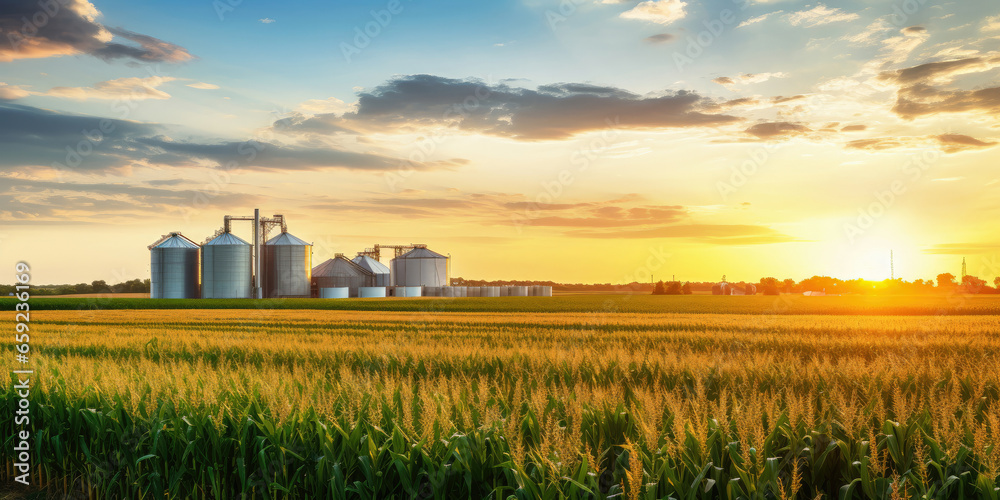 Cornfield with silos and farm in the distance - obrazy, fototapety, plakaty 