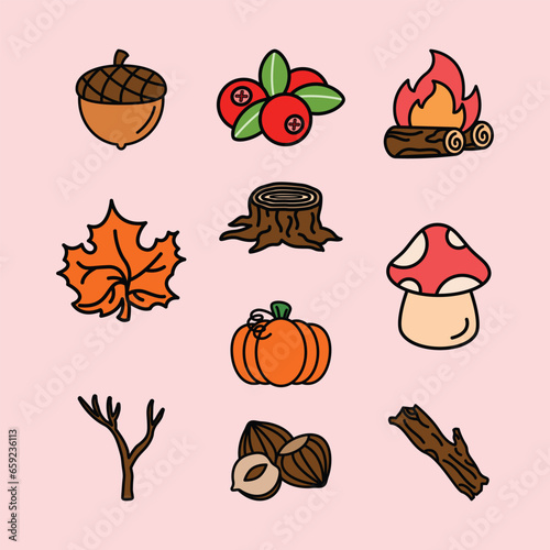 Set of Outdoor Autumn Cute Flat Line Illustration