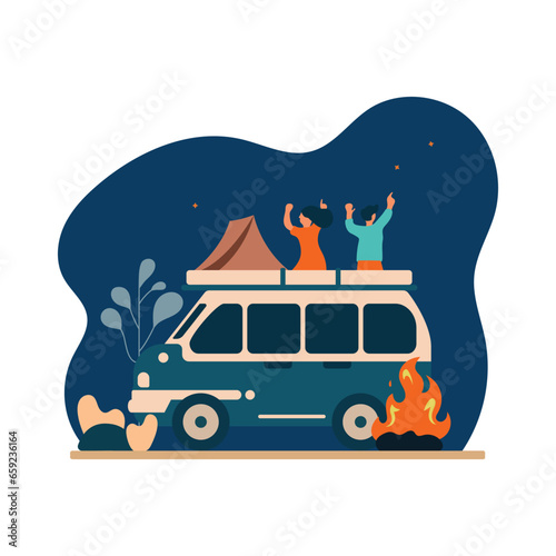 People who do car camping from out of one’s daily life. Travel car camping for outdoor summer active leisure isolated, vector flat illustration. 